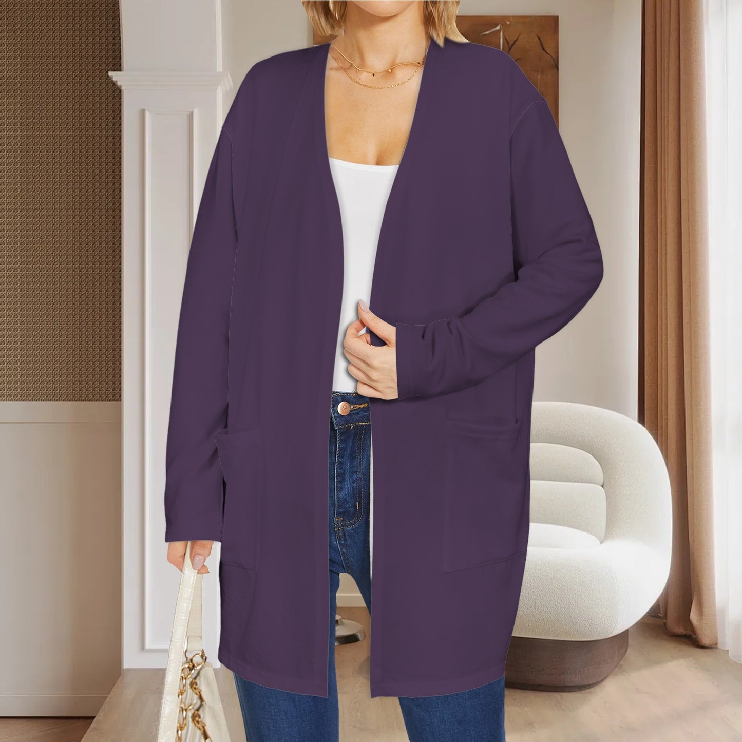 Long Sleeve Pocket Cardigan Plum