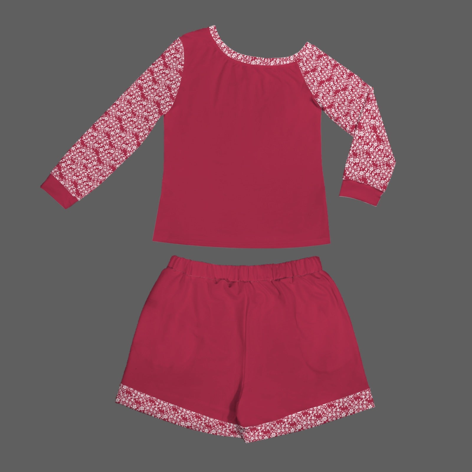 Slanted Off Shoulder Sweatshirt & Elastic Waist Shorts Set Red White Floral