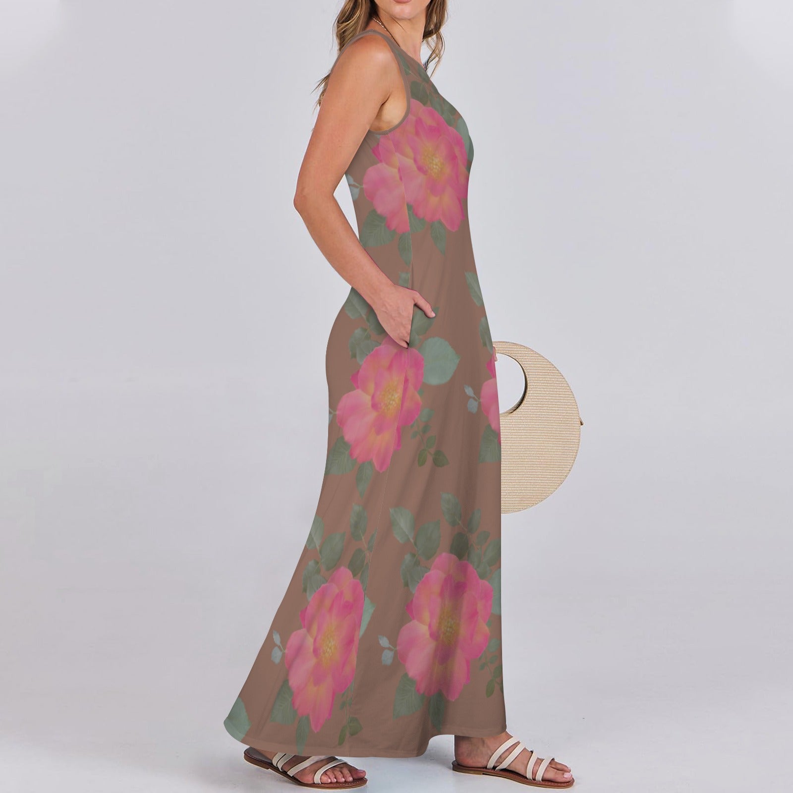 Sleeveless Maxi Dress Roses Brown