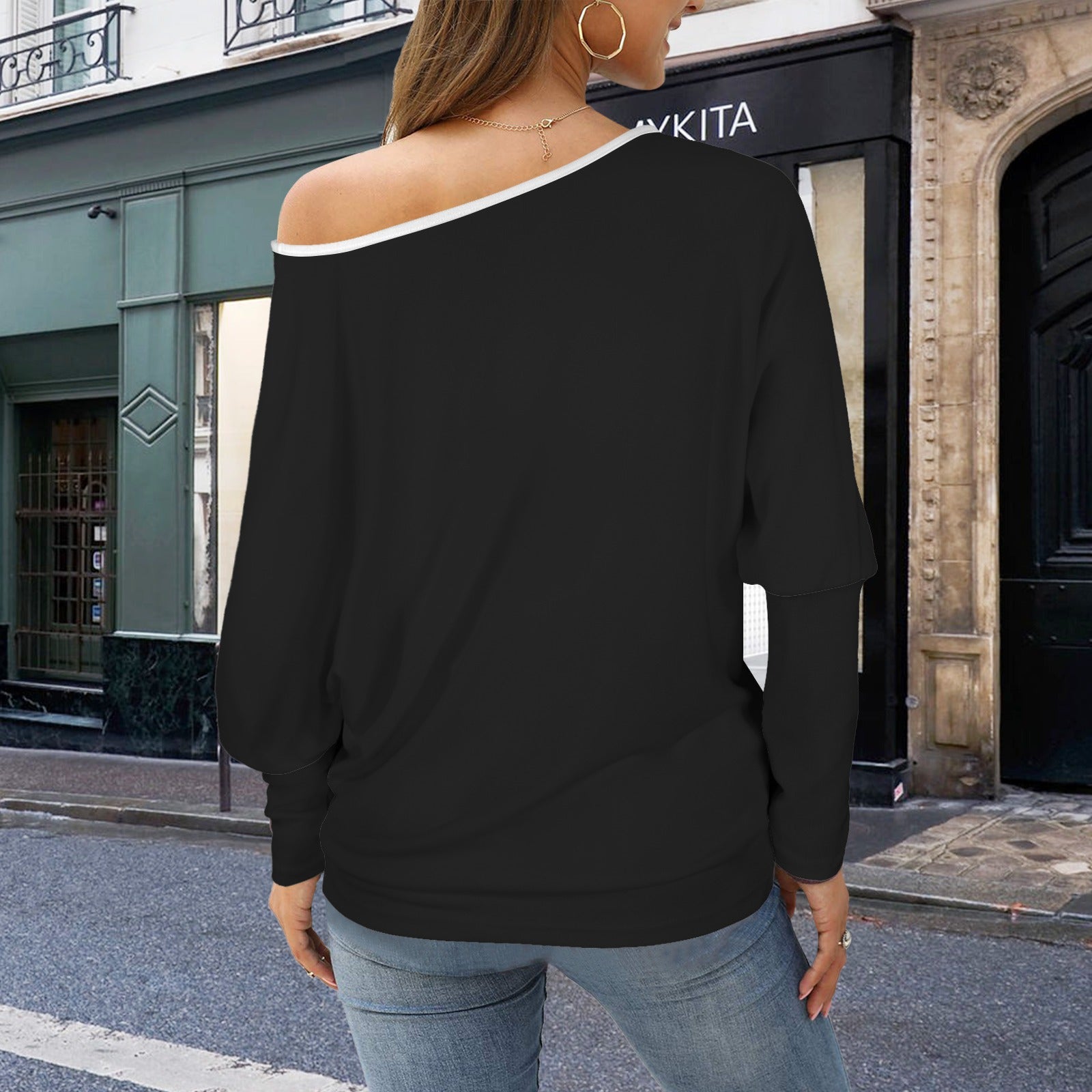 Casual Long Batwing Sleeve Off Shoulder Sweater Top Black