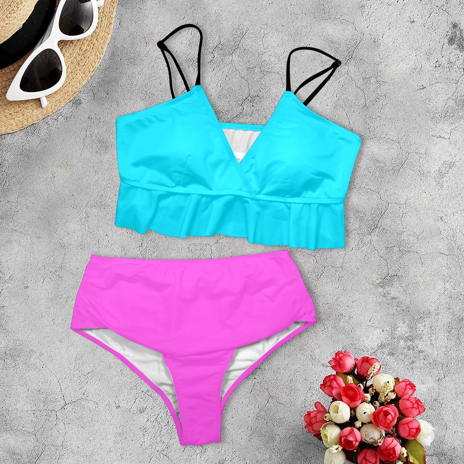 Turquoise Fuchsia Ruffled Bikini