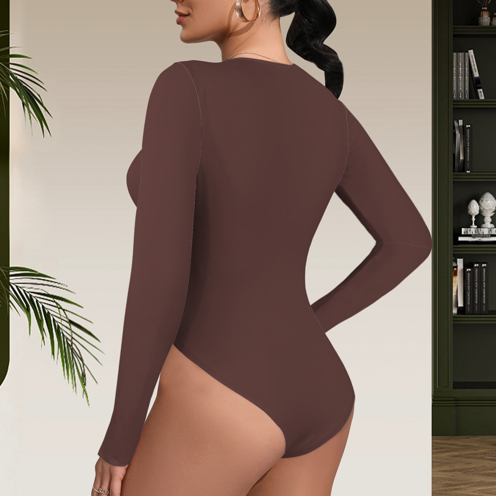 Round Neck Long Sleeve Bodysuit Brown