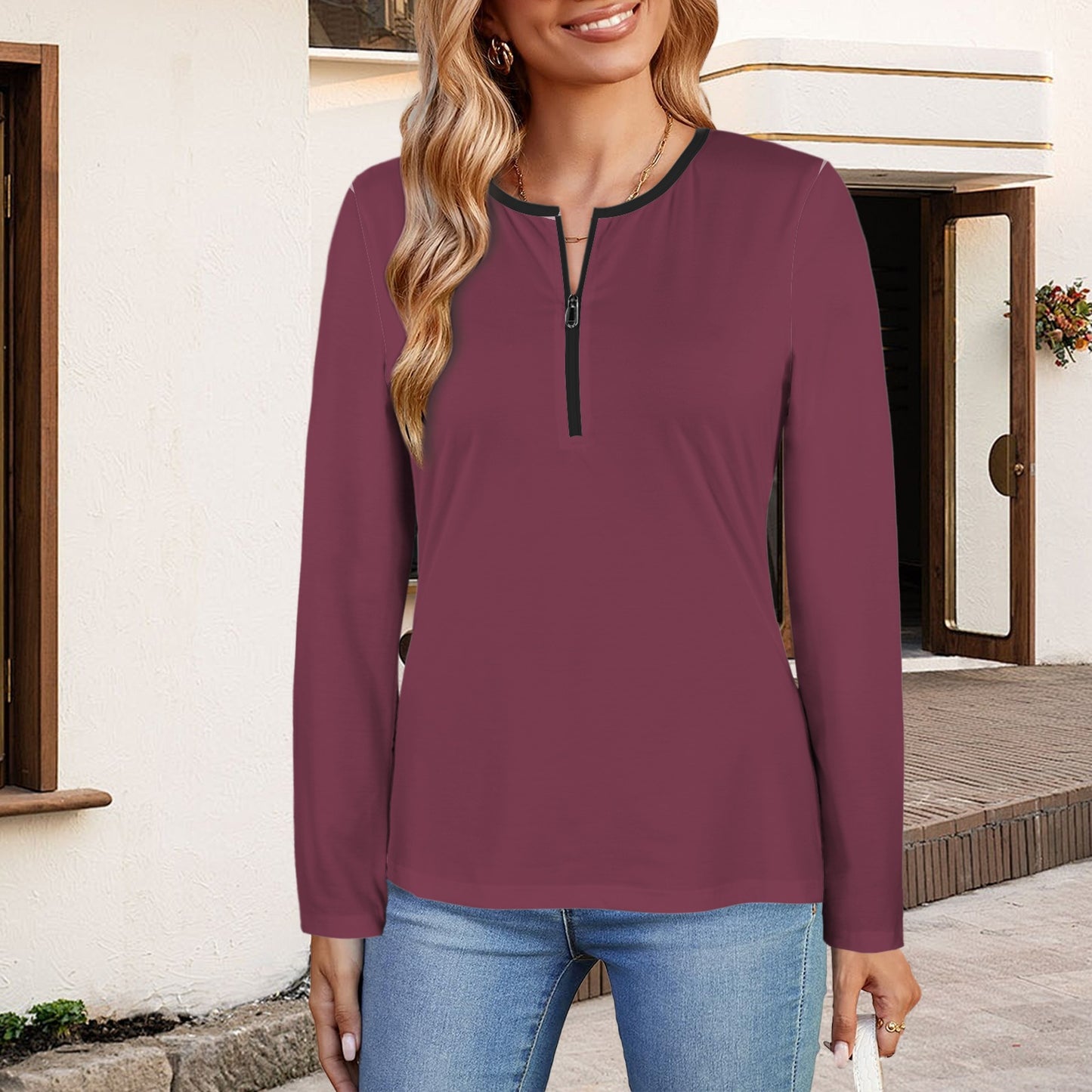 Long Sleeve Zip Front T-Shirt Mauve Rose