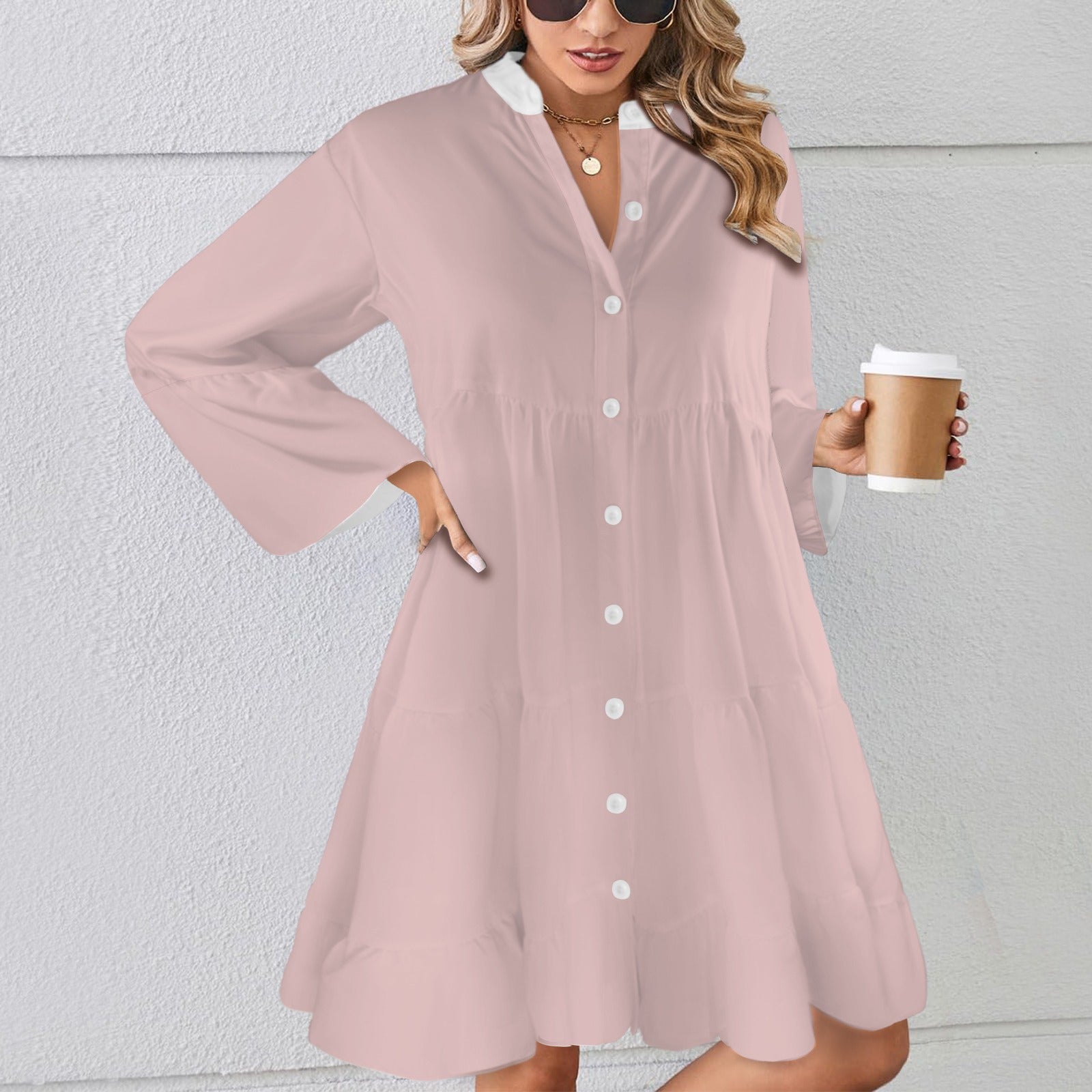 Flared Sleeve Button Tiered Shirt Dress Ballet