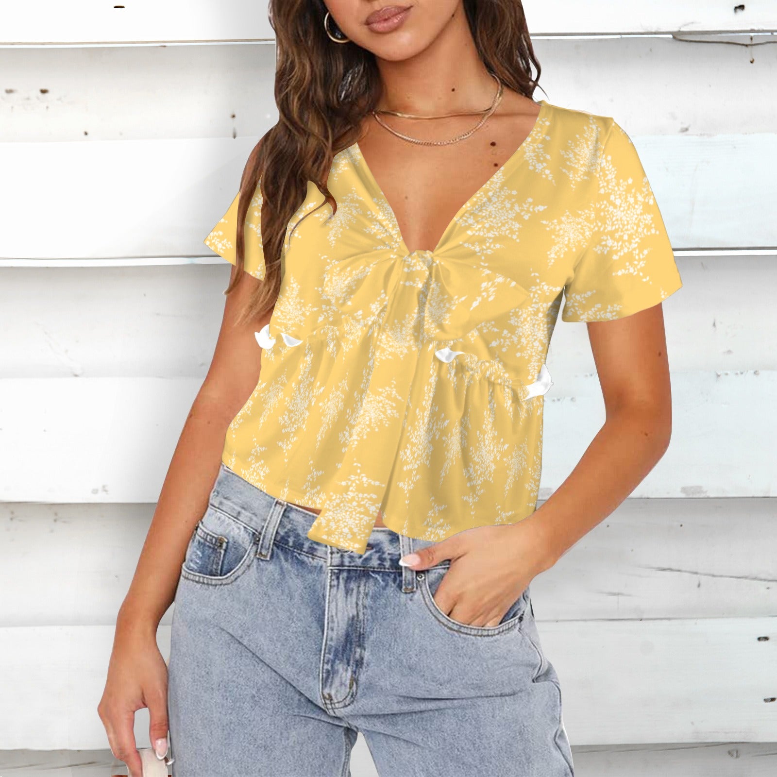 V-Neck Short Sleeve Knotted Front Blouse Top Golden White Floral