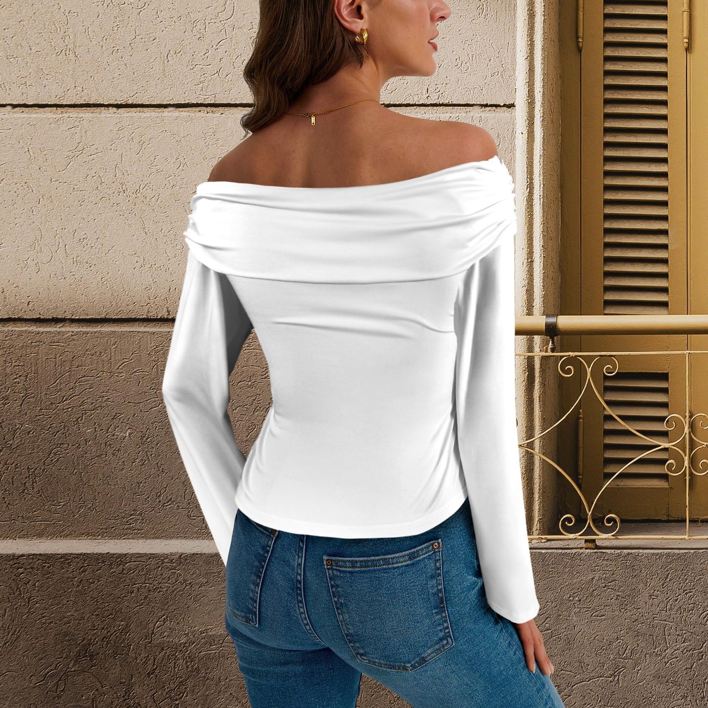 Off Shoulder Double Lined Long Sleeve T Shirts White