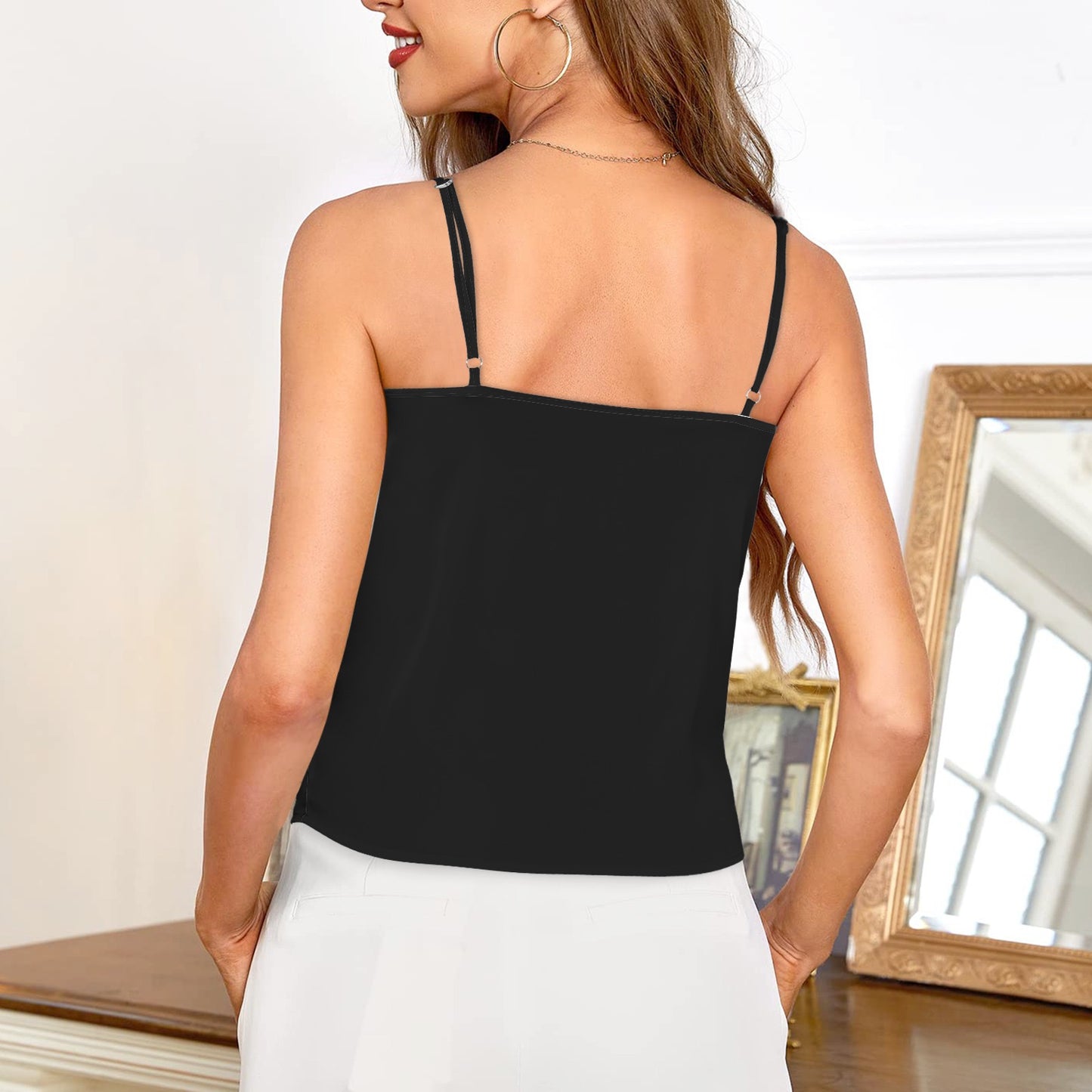 Black Drop Neck Silky Satin-like Cami Top