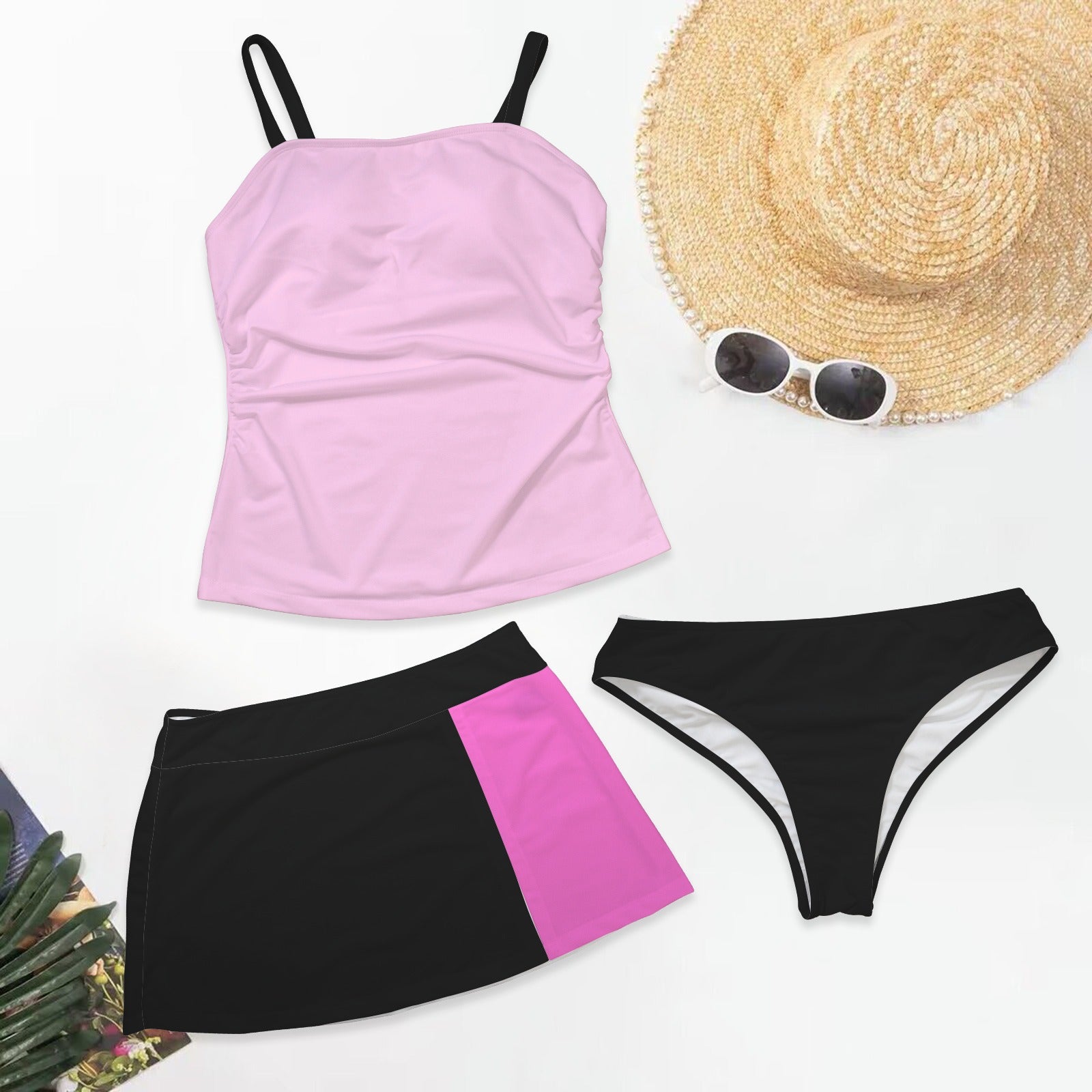 Three Piece Tankini Swim Set Pink & Black