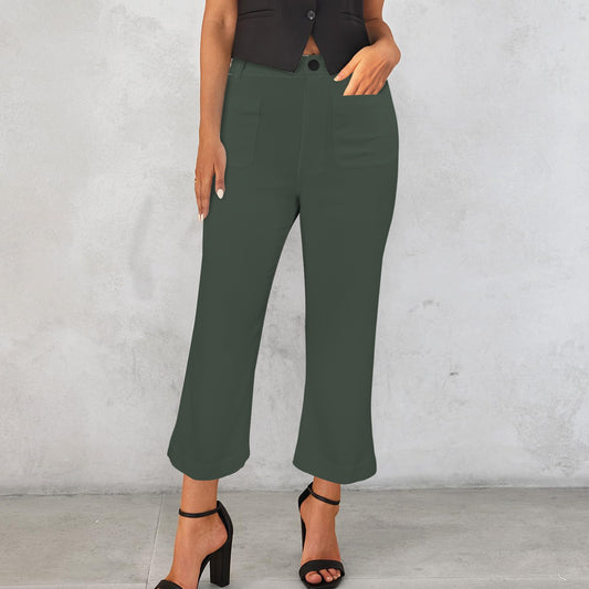 High Waist Pocket Flared Cropped Pants Dark Dusted Green