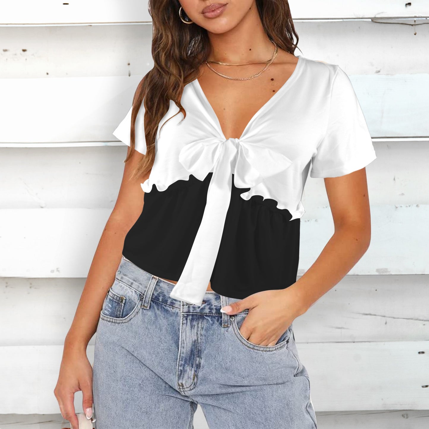 V-Neck Short Sleeve Knotted Front Blouse Top Flattering B&W