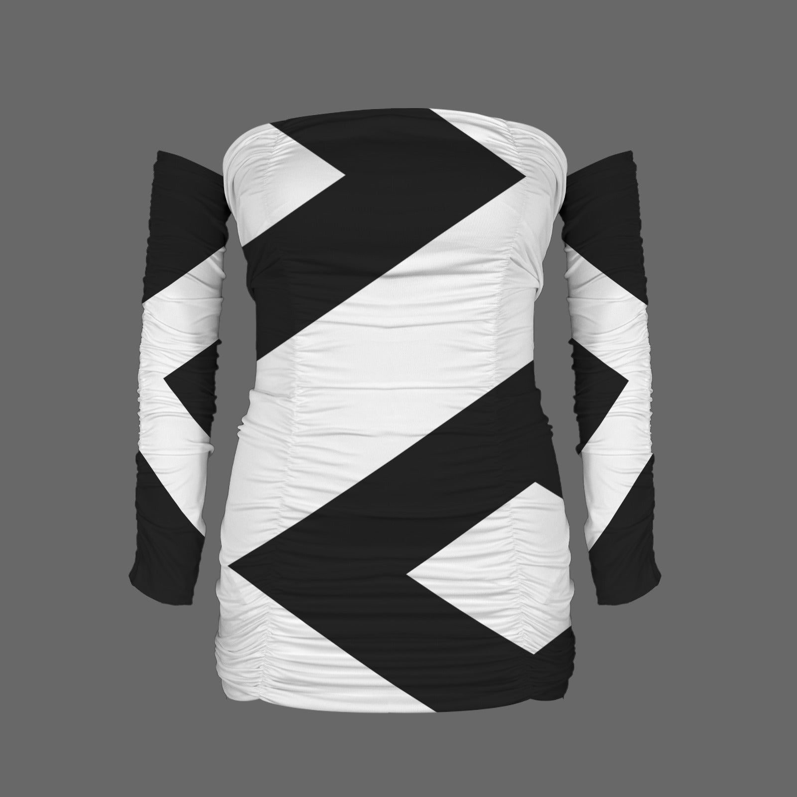 Off Shoulder Long Sleeve Pleated Bodycon Dress Geo Black White Geo Diamond