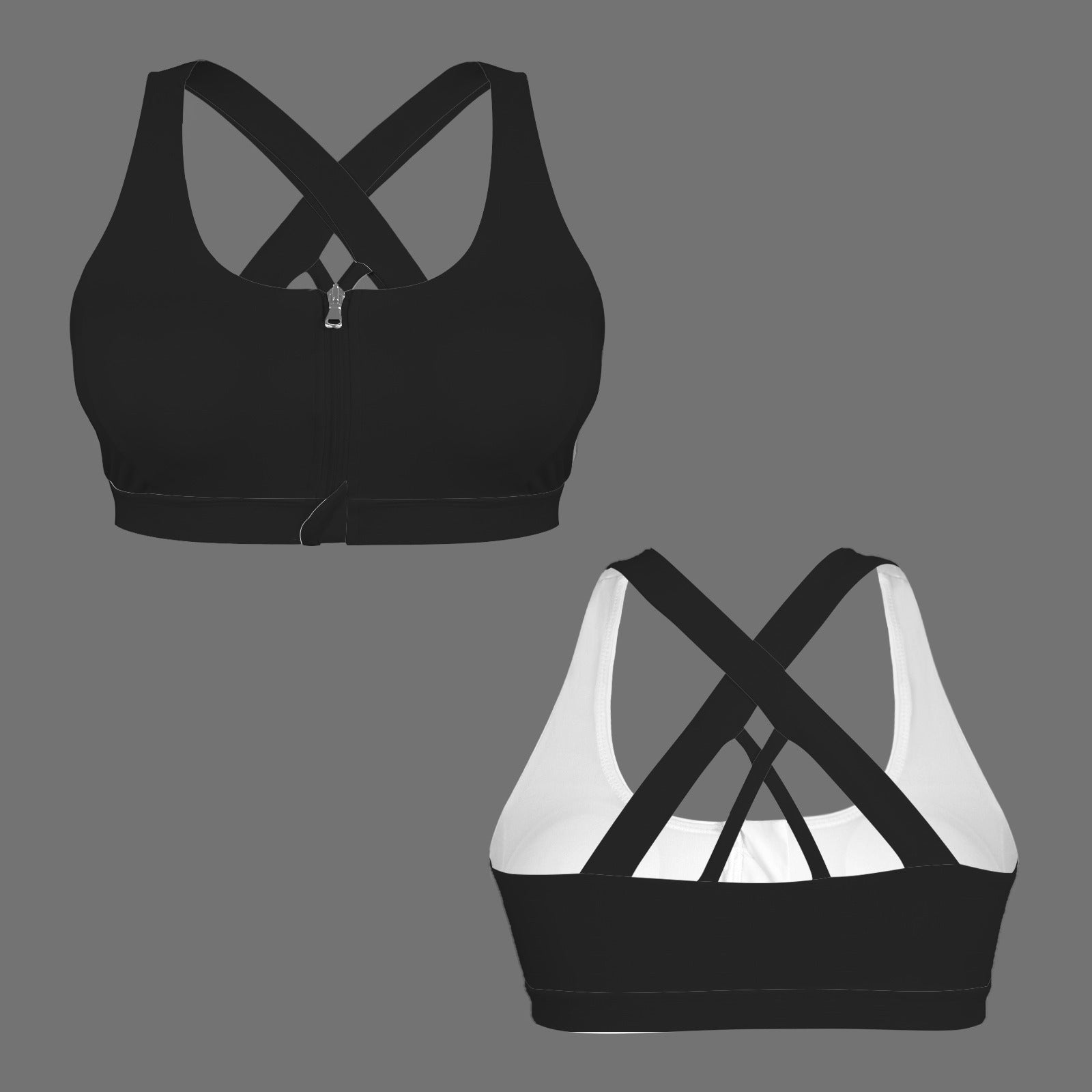 Zipper Front Cross Back Sports Bra Black