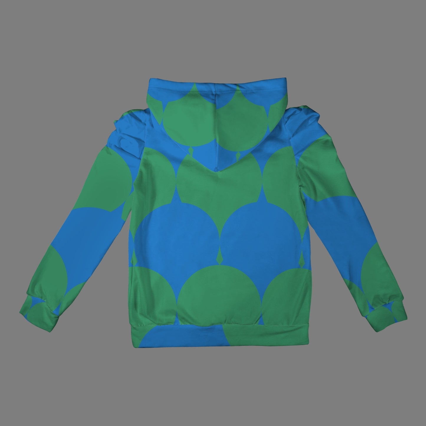 Pleated Puff Sleeve Hooded Fleece Sweatshirt Peacock Geo Print