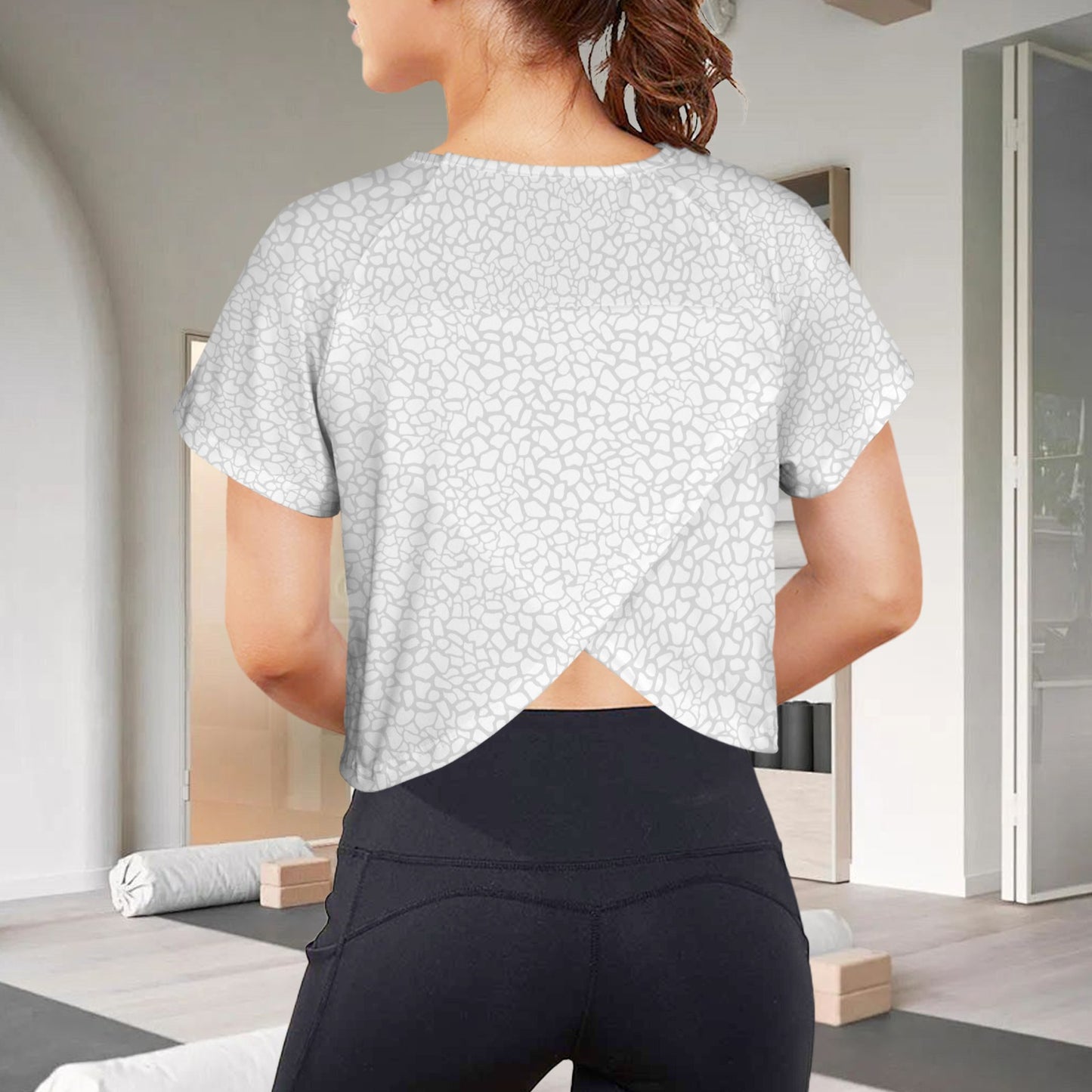 Crop Split Back Sports Tops White Grey Abstract Petal Print