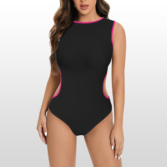 Sleeveless Waist Cutout Crew Neck Bodysuit Black Magenta