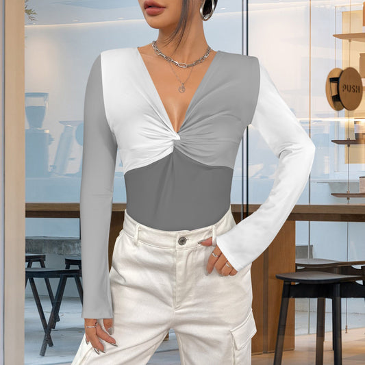 Grey White Twist V Neck Long Sleeve Slim Fit Top