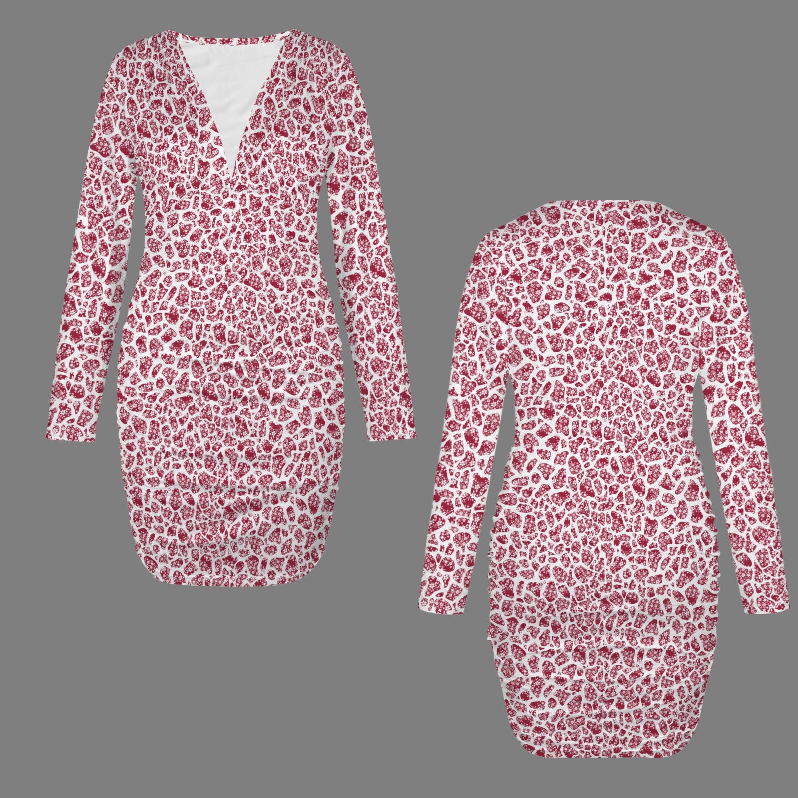 Floral Links White & Red Petal Print Fitted Long Sleeve V-Neck Dress