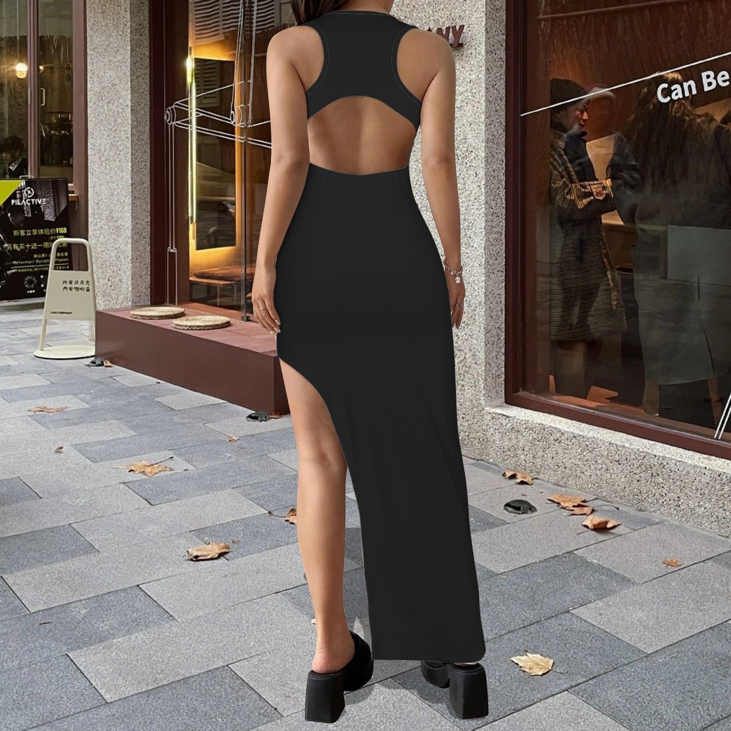 Sleeveless Backless Hollow Slit Maxi Dress Darkest Black