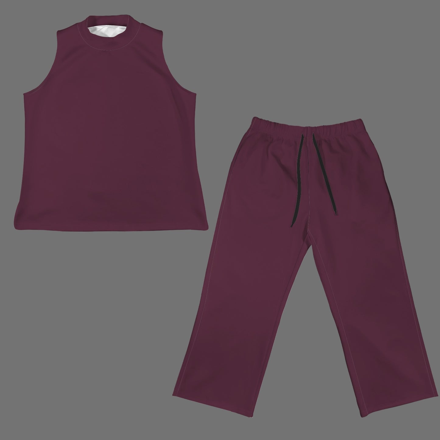 Sleeveless Mock Neck Top & Wide Leg Cropped Pants Set Blackberry