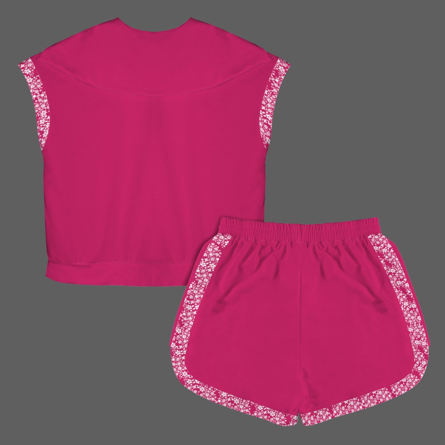 Raspberry Floral Short Sleeve Lapel Half Zip Top & Drawstring Shorts Set