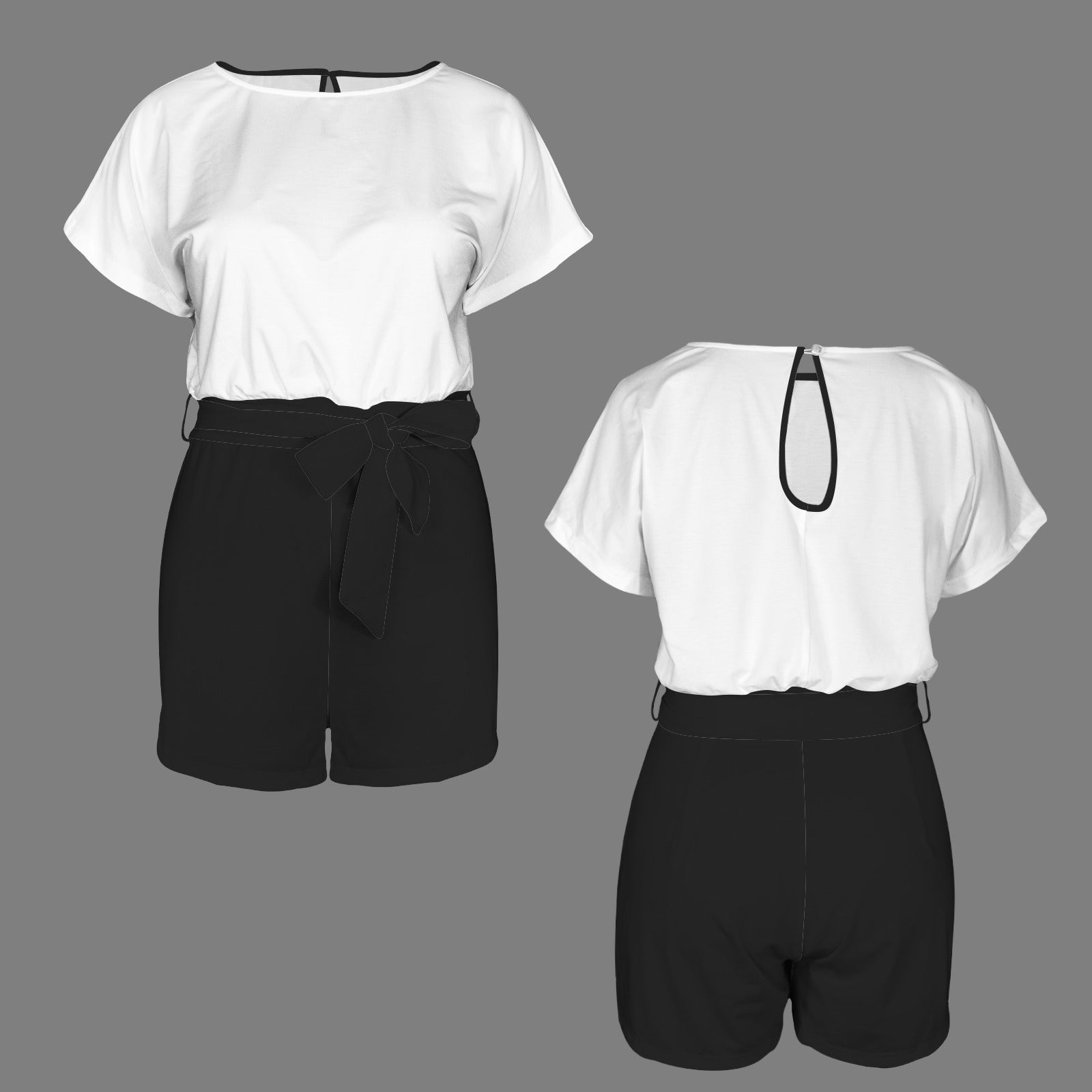 Belt Keyhole Black Short Sleeve Romper White Black