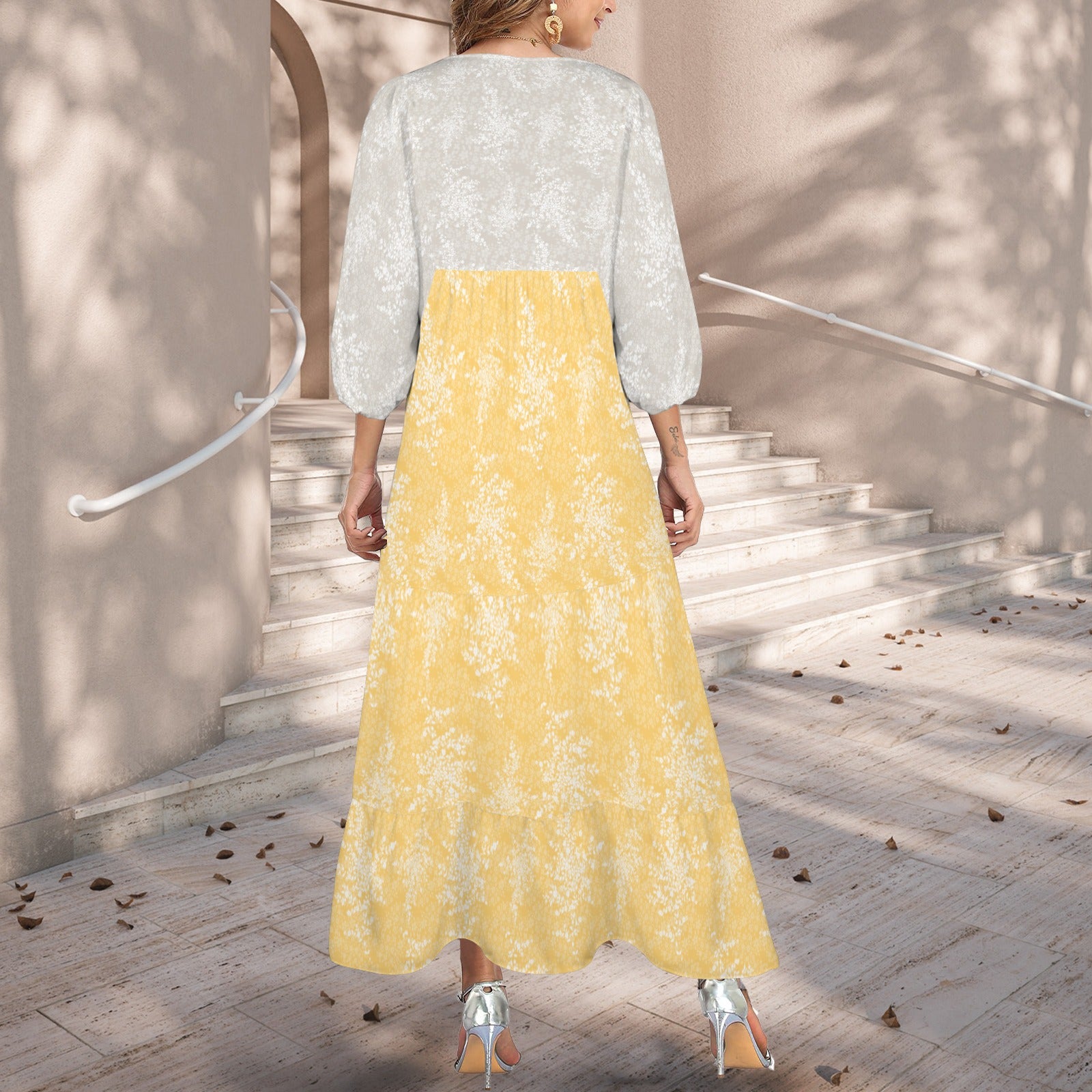 V Neck Half Sleeve Maxi Dress Yellow Natural Floral