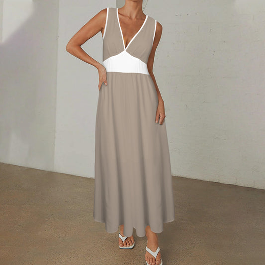 Deep V-Neck Sleeveless Hight Waisted Maxi Dress Mocha