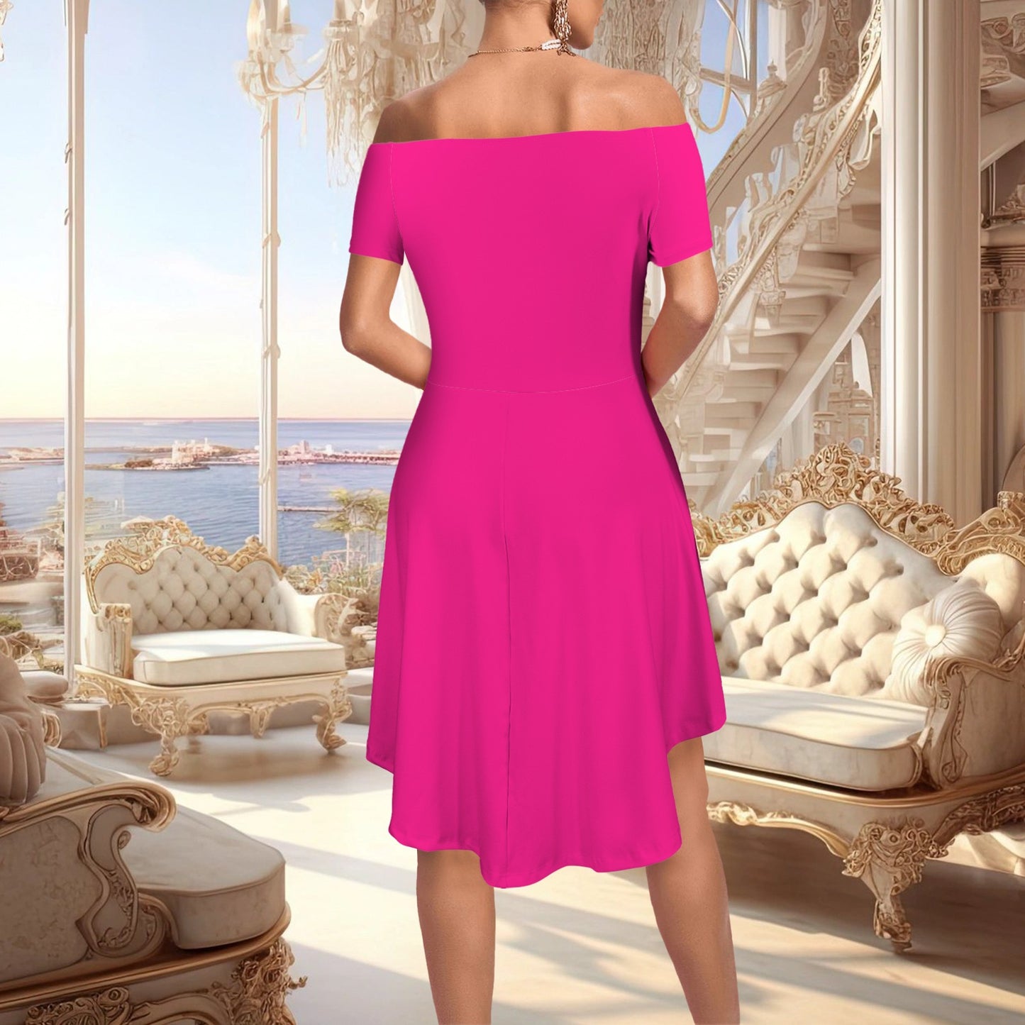 Elegant Off Shoulder High Low Hem Party Dress Magenta