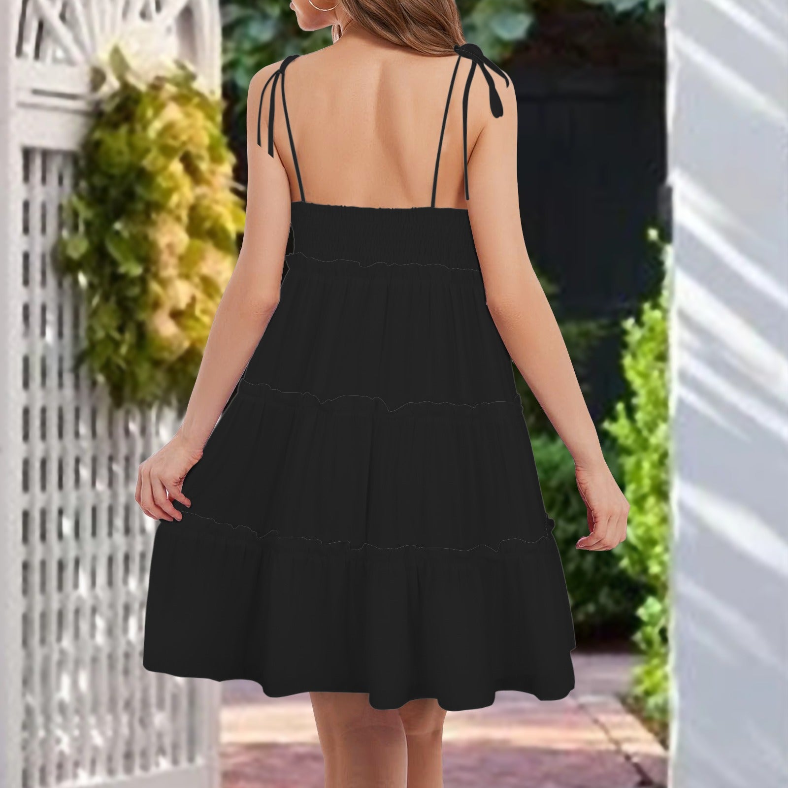 Tied Straps Ruffle Tiered Dress Black