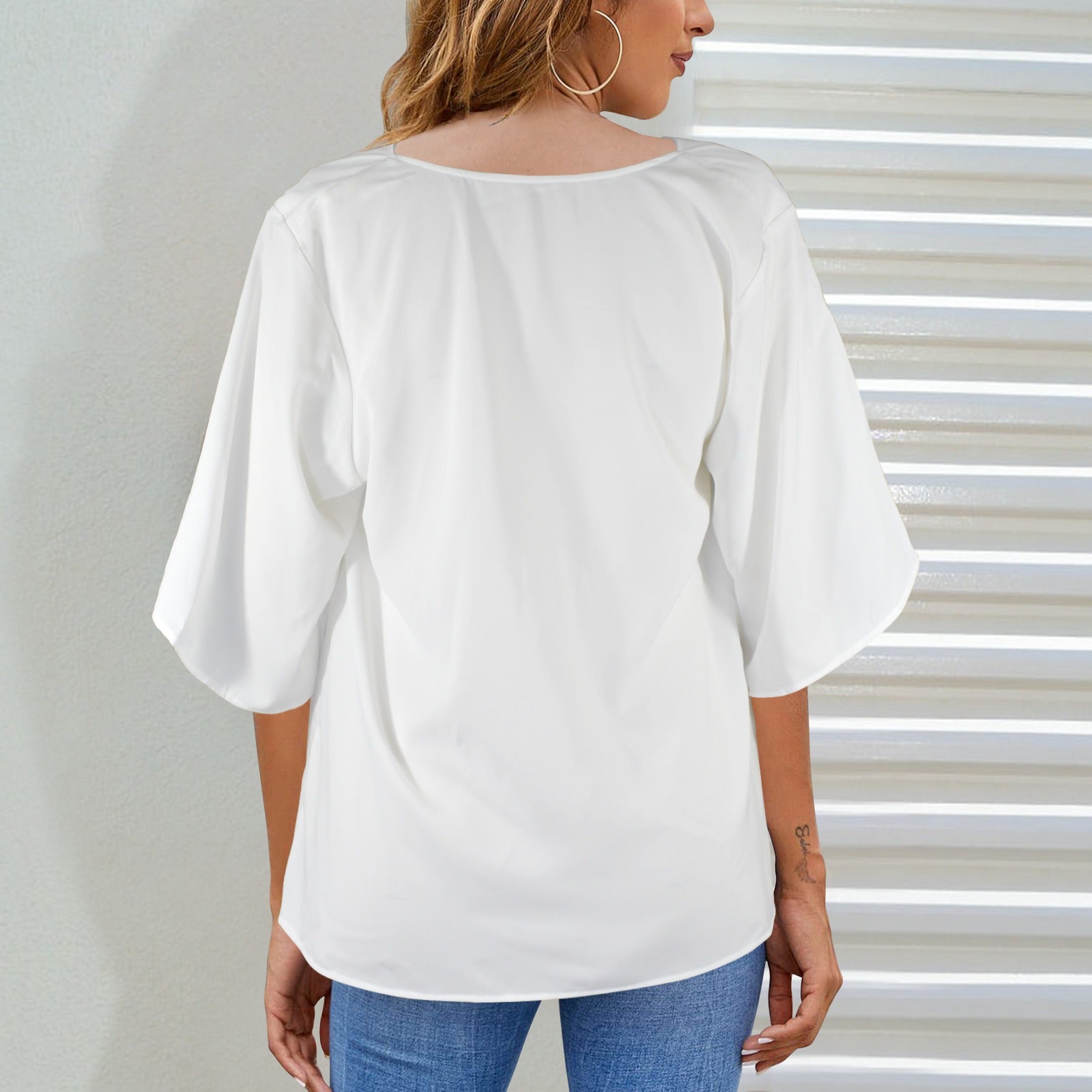 White Drape Neck Flare Sleeve Blouse