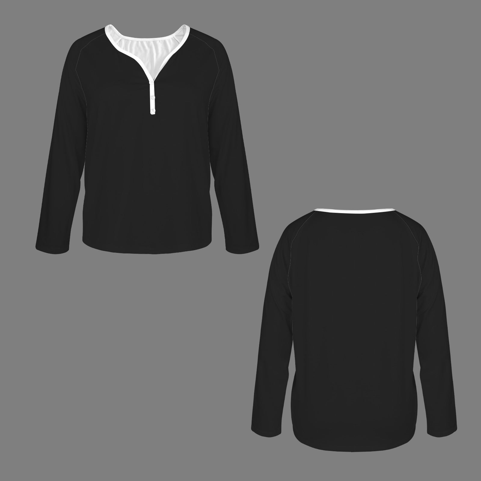 Button V Neck Long Sleeve T-Shirt Top Black