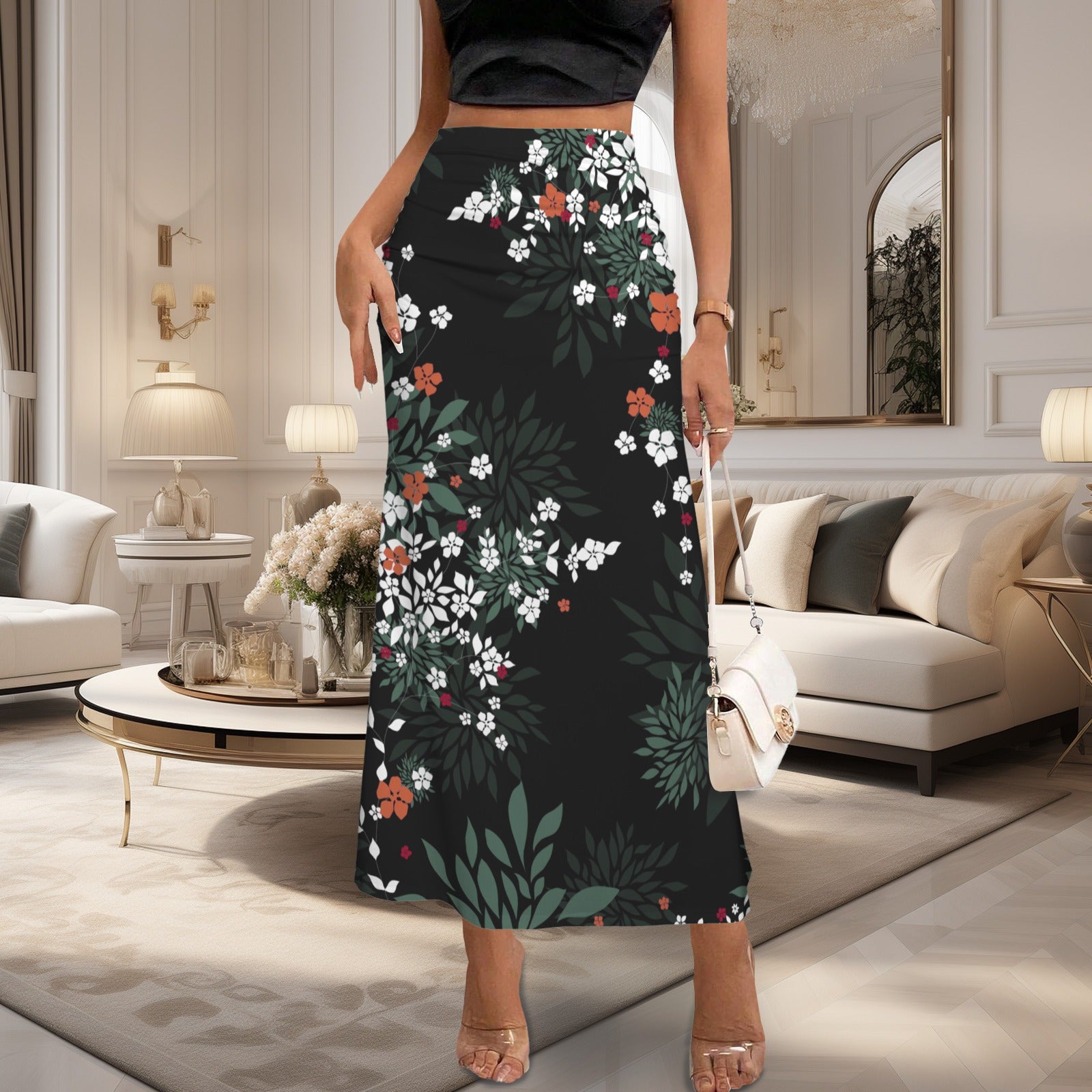 High Waist Pleated Flared Maxi Skirt Blossom Black