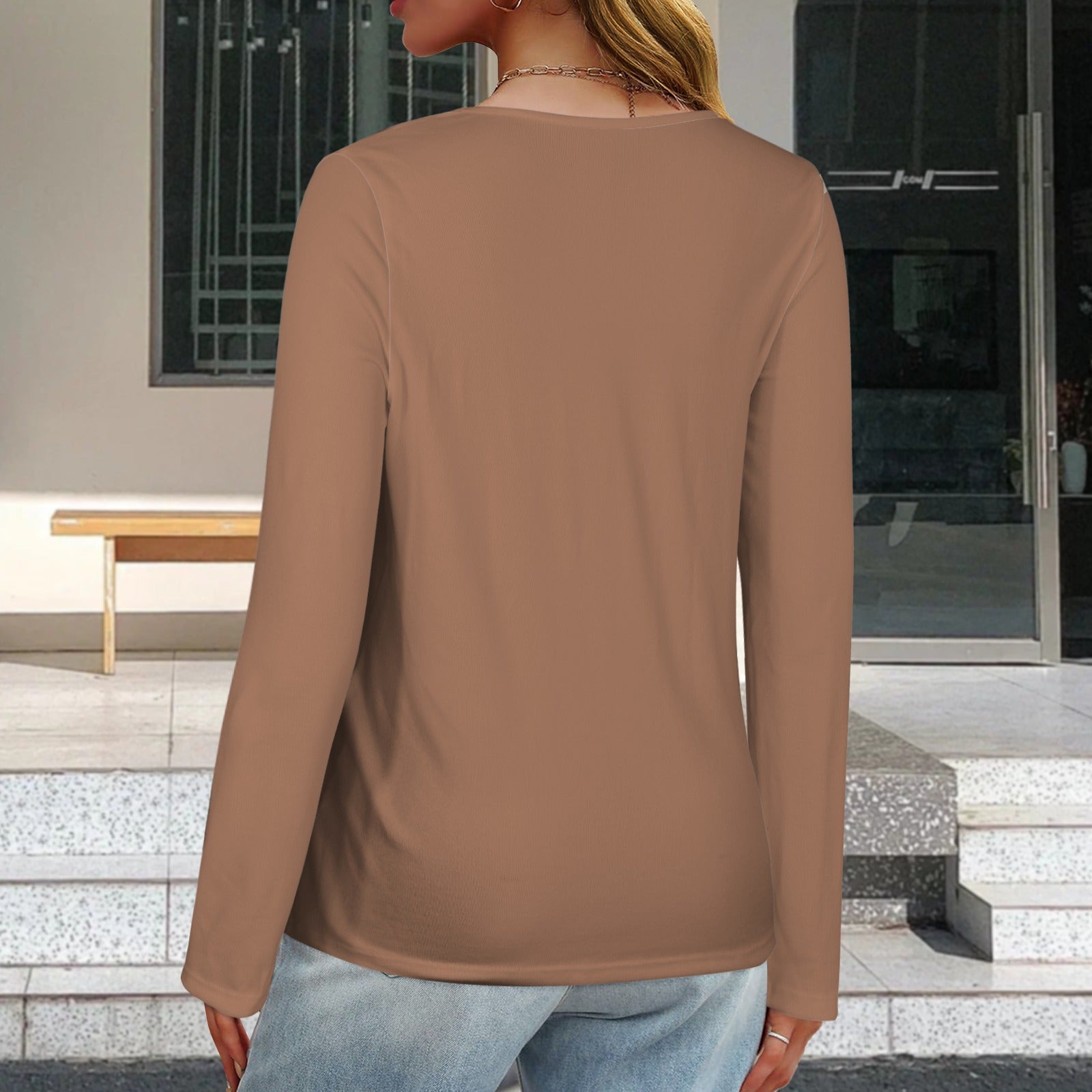 V Neck Long Sleeve Pullover Top Brown Beige