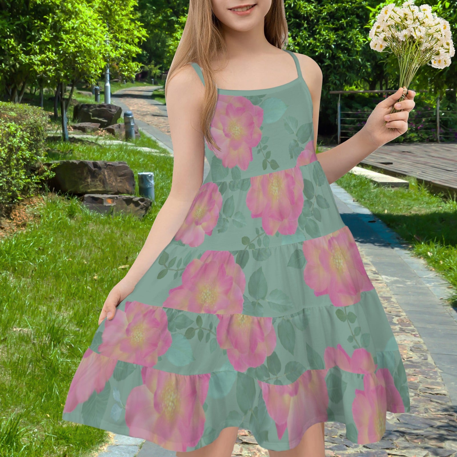 Spaghetti Strap Tiered Girls Dress Roses Dusted Green