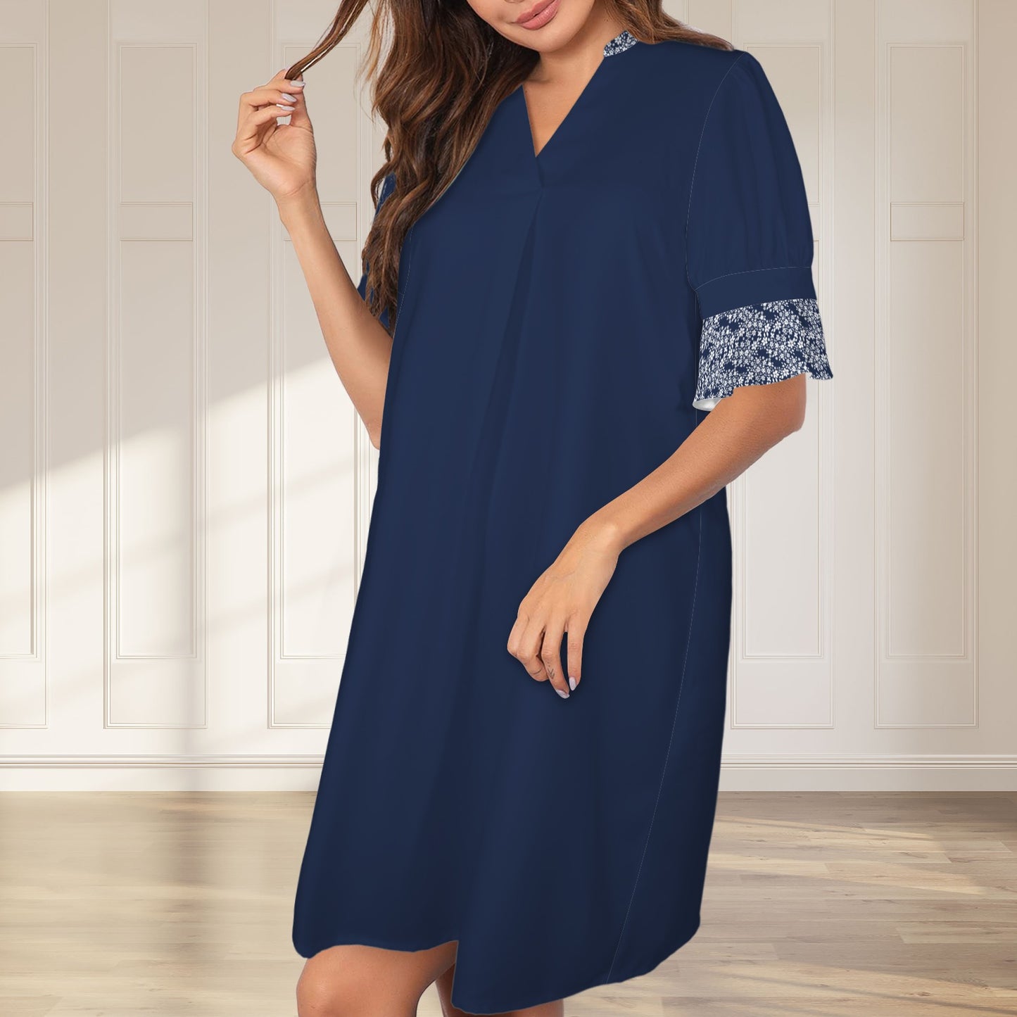 V-Neck Ruffle Sleeve Casual Dress Dark Navy & White Floral