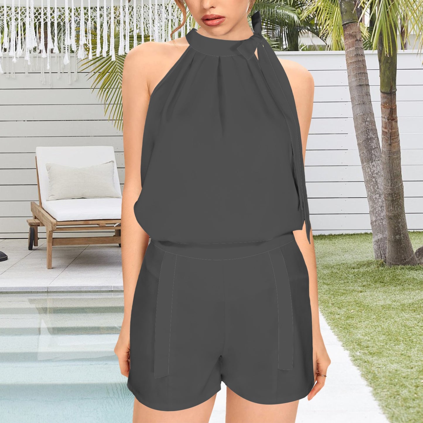 Charcoal Grey Hidden Zipper Shorts & Sleeveless Tied Neck Top Set