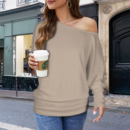 Casual Long Batwing Sleeve Off Shoulder Sweater Pullover Top Beige