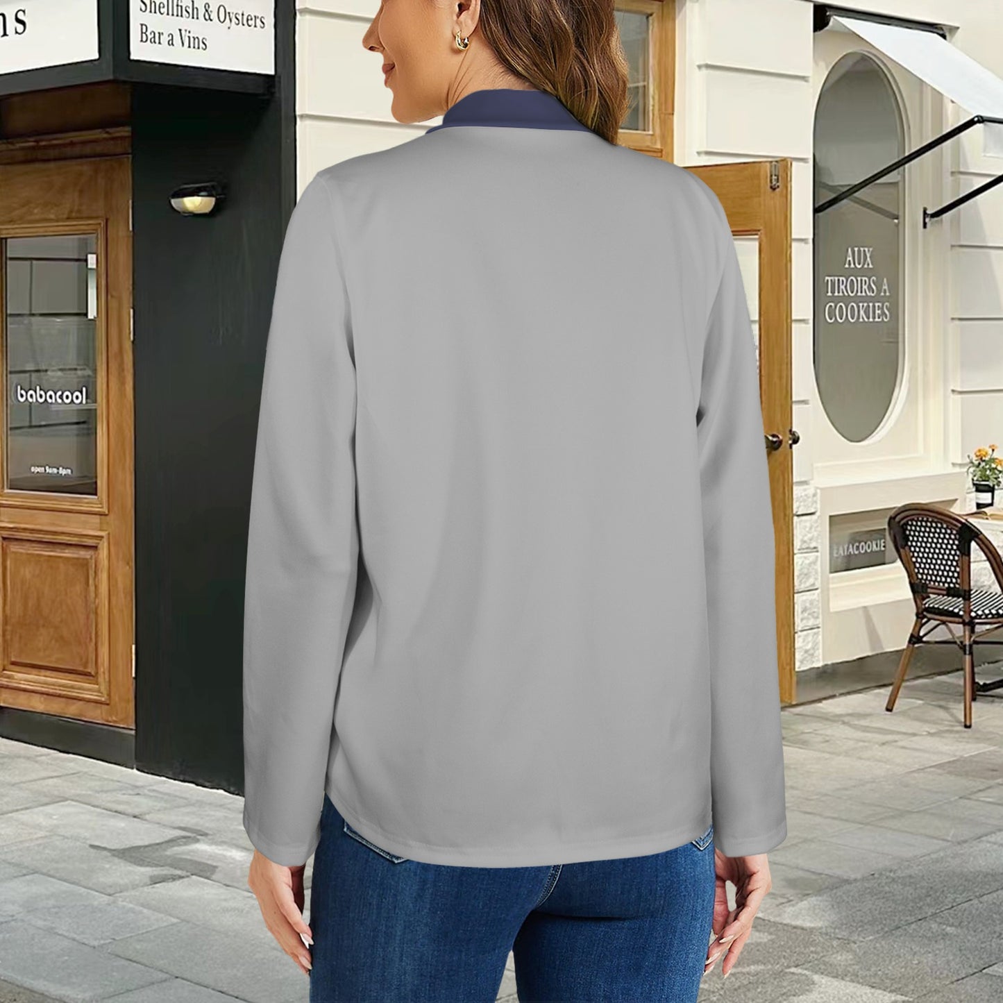 Open Front Long Sleeve Blazer Light Grey & Dusted Blue