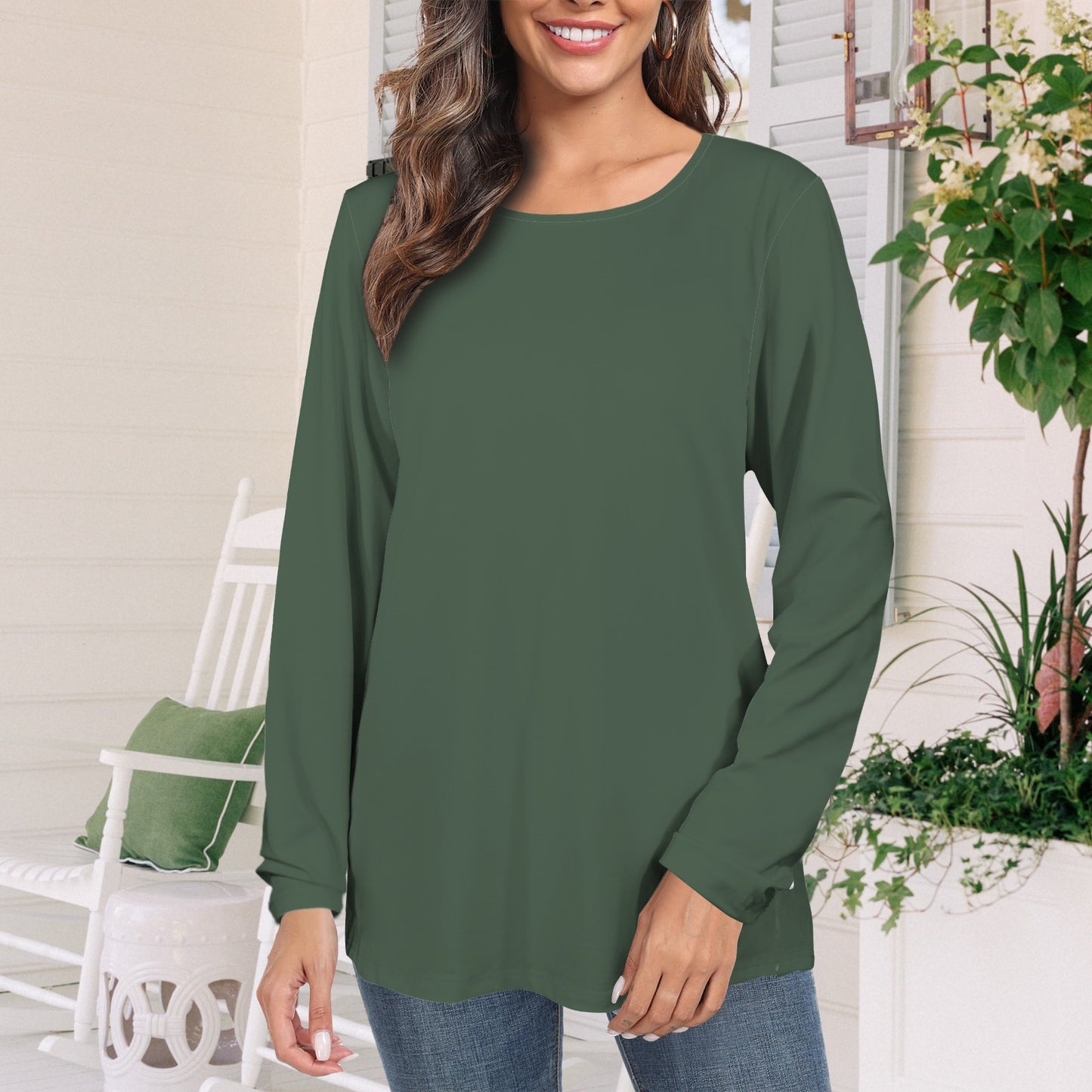 Long Sleeve Round Neck T Shirt Dark Olive