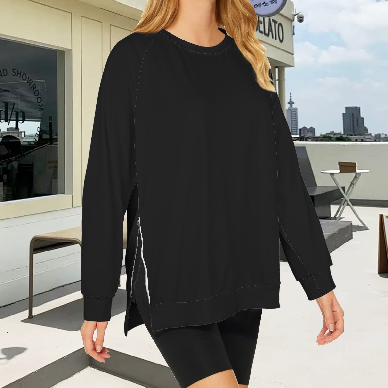 Side Zip Crew Neck Long Sleeve Sweatshirt Black