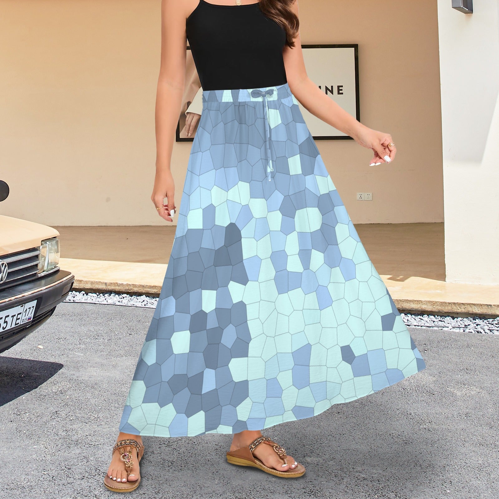 Drawstring Pocket Maxi Skirt Abstract Blues