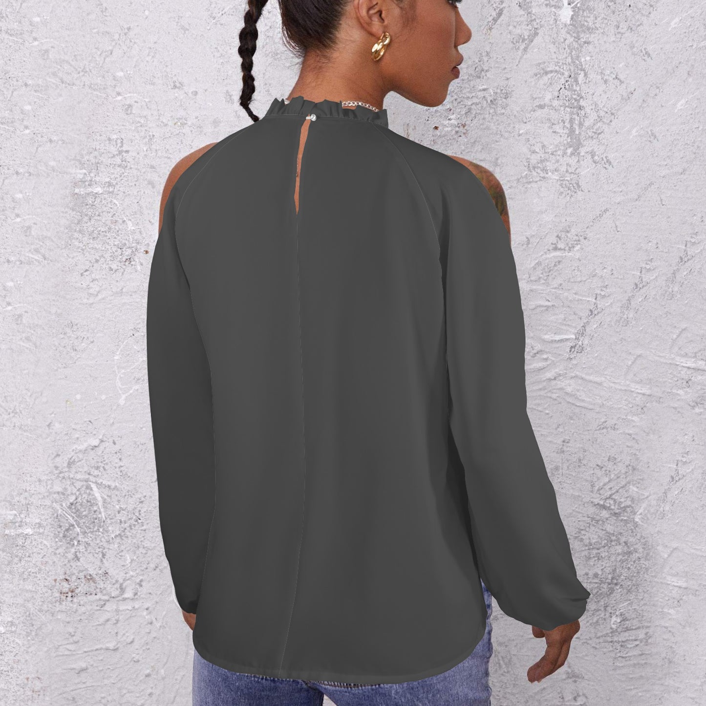 Lotus Leaf Round Neck Long Sleeve Pleated Off Shoulder Blouse Dark Grey