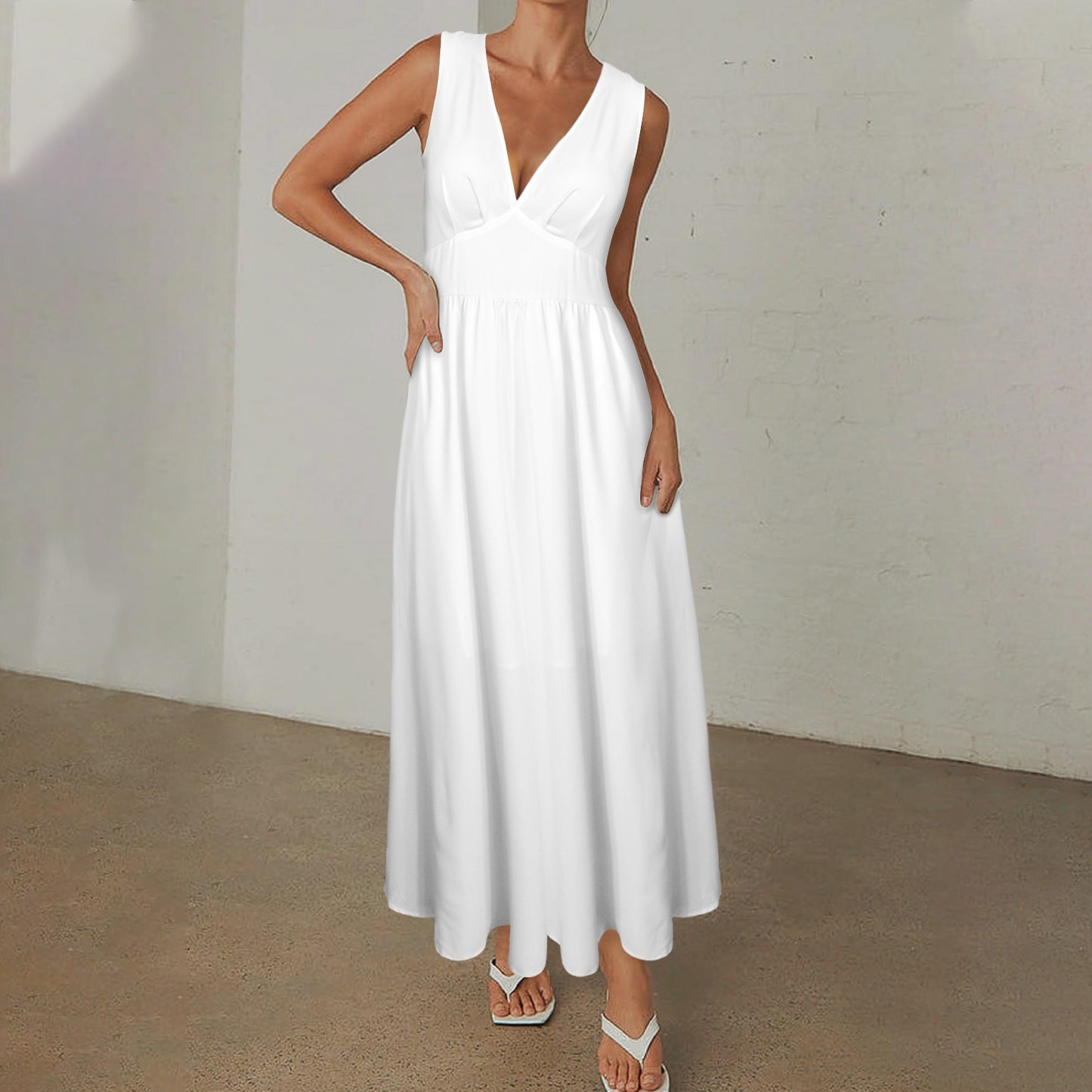 Deep V-Neck Sleeveless High Waist Maxi Dress White