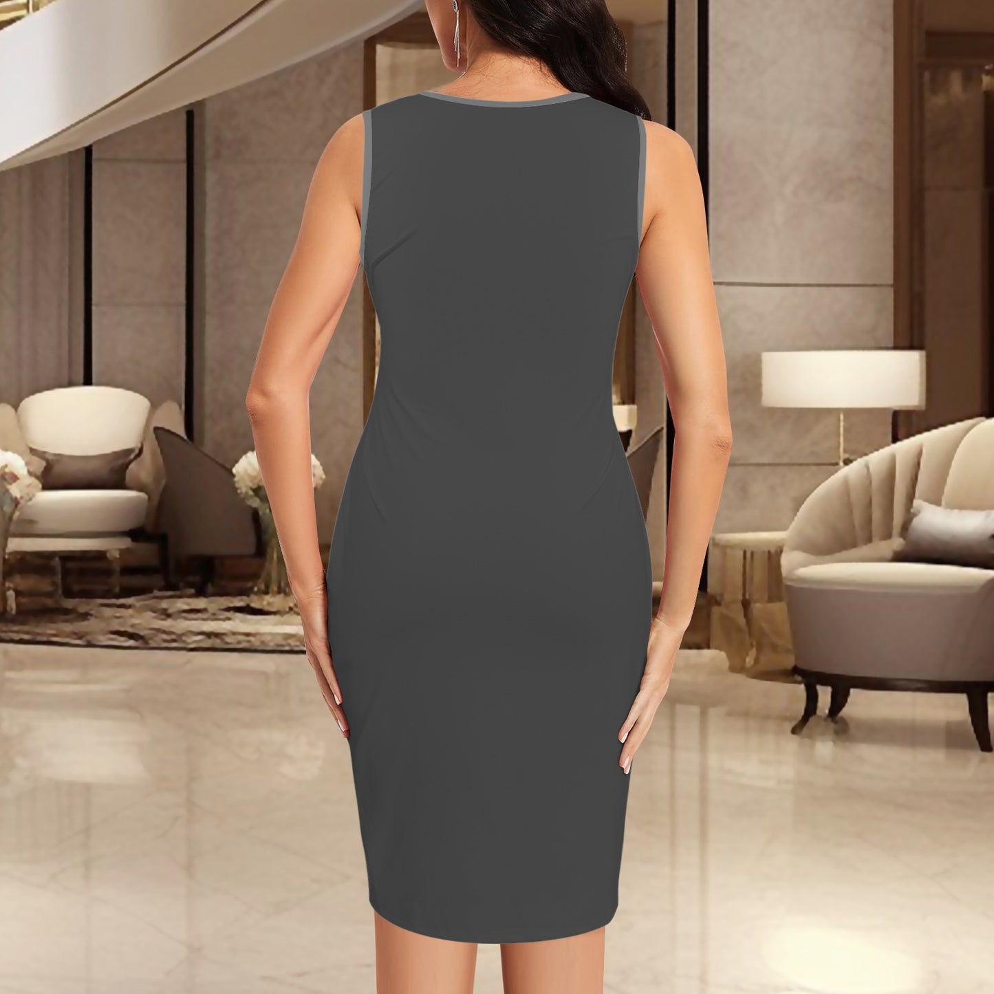 V Neck Sleeveless Faux Wrap Ruched Bodycon Dress Grey