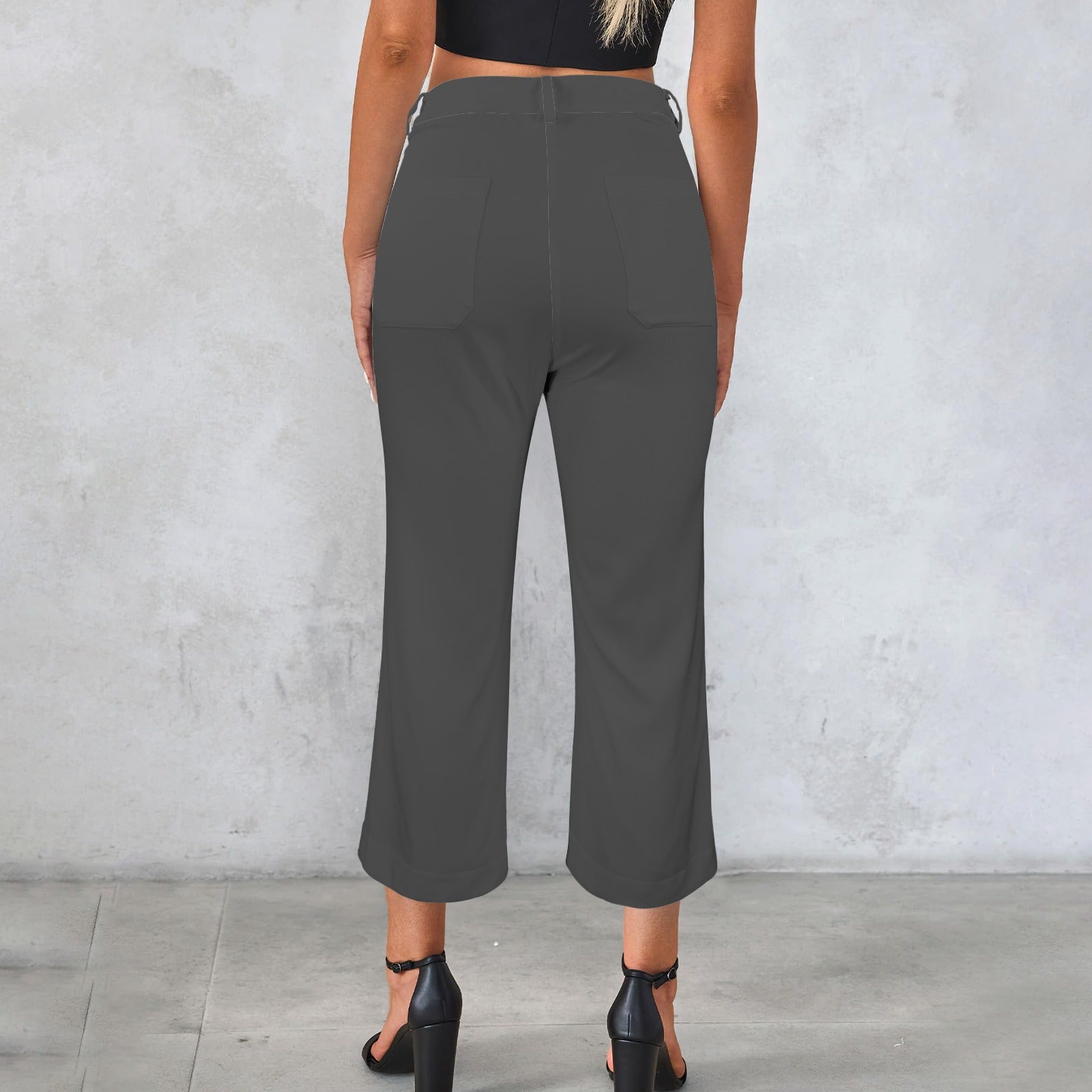 High Waist Pocket Flared Cropped Pants Dark Grey