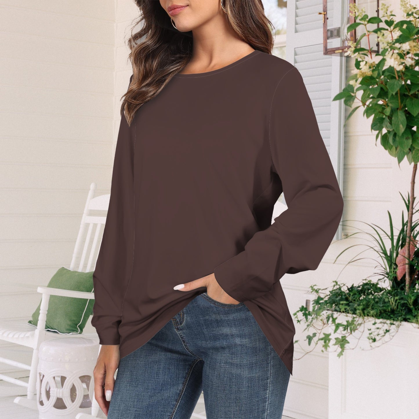 Long Sleeve Round Neck T Shirt Espresso