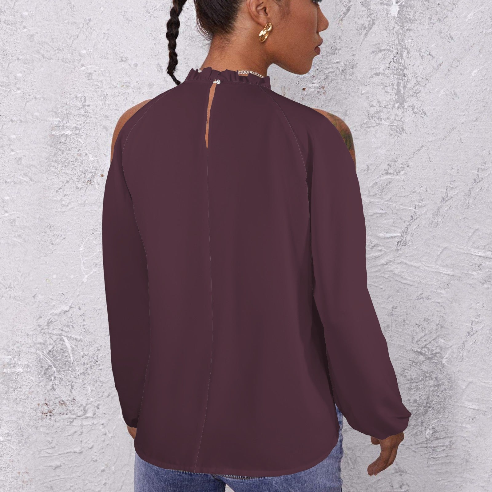 Lotus Leaf Round Neck Long Sleeve Pleated Off Shoulder Blouse Dark Plum