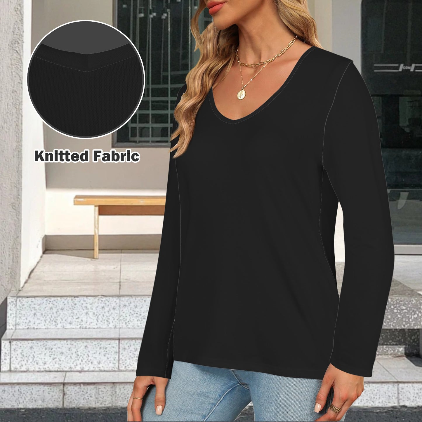 V Neck Long Sleeve Pullover Top Black