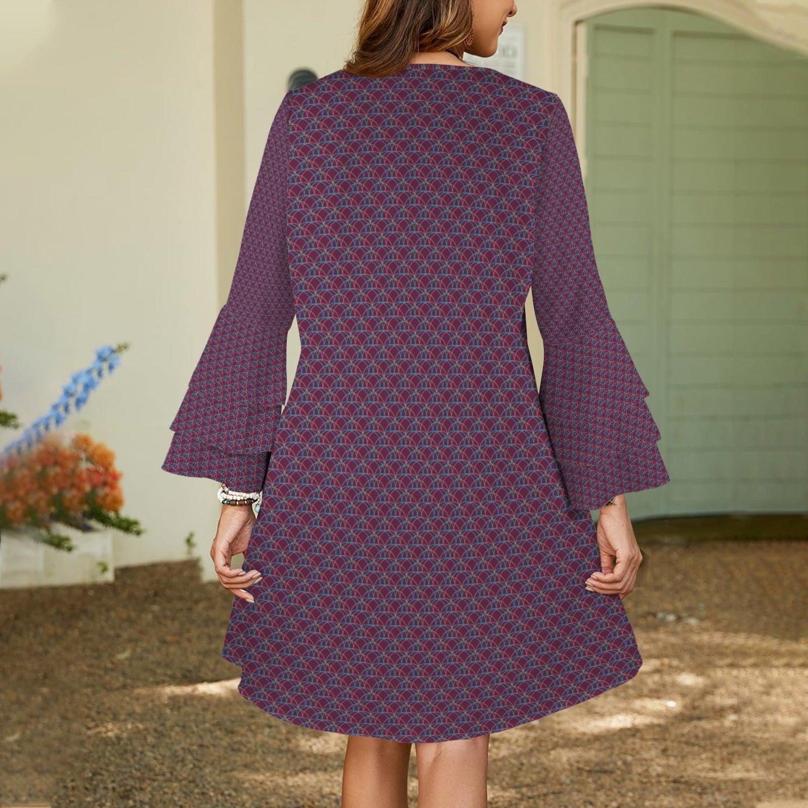 Dark Berry Multi Geo Print V Neck Layered Flared Sleeve Dress