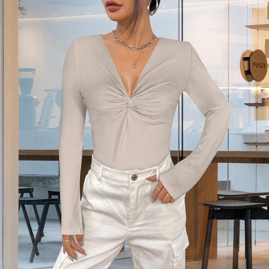 Beige Light Twist V Neck Long Sleeve Slim Fit Top